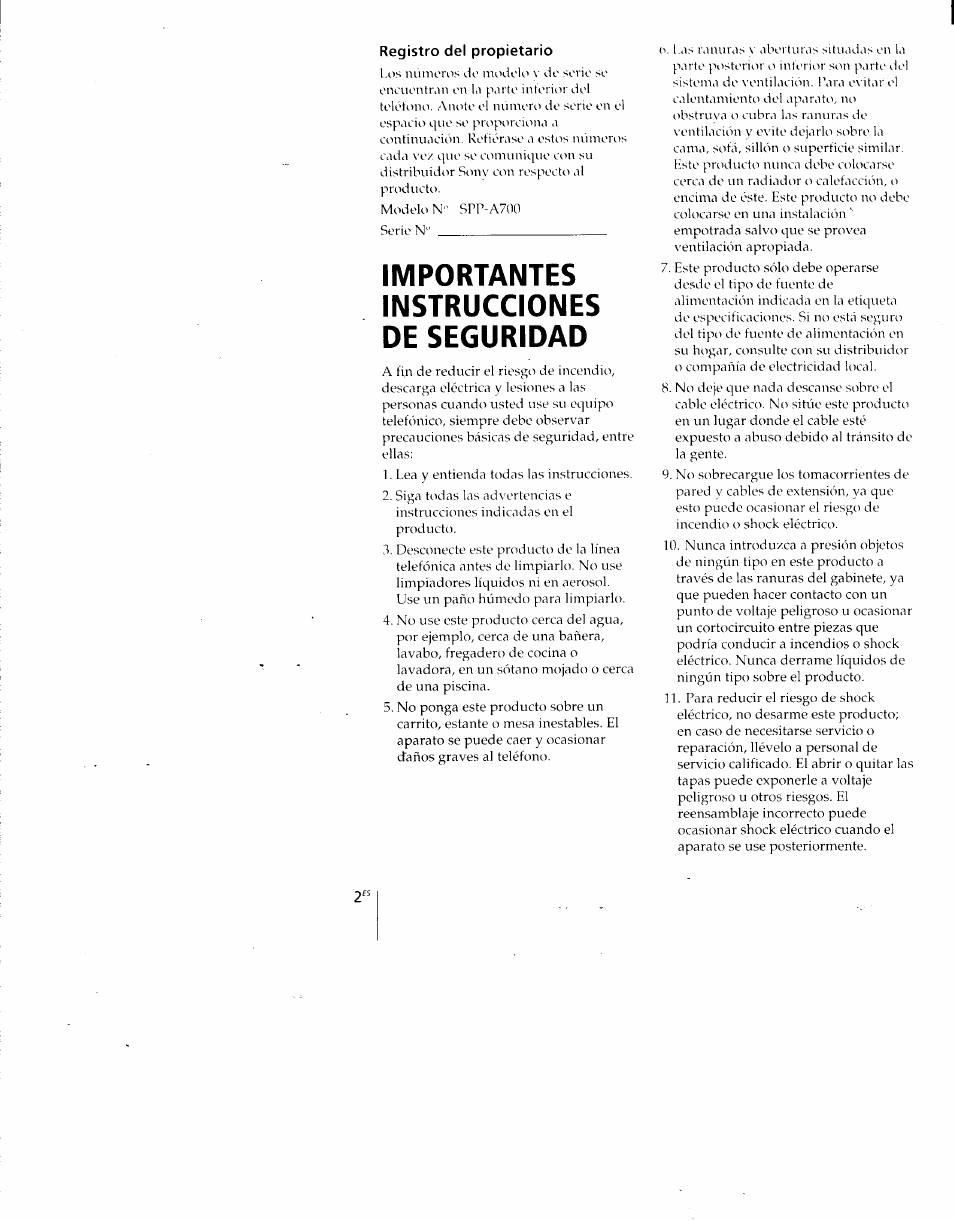 Registro del propietario, Importantes instrucciones de seguridad | Sony SPP-A700 User Manual | Page 48 / 92