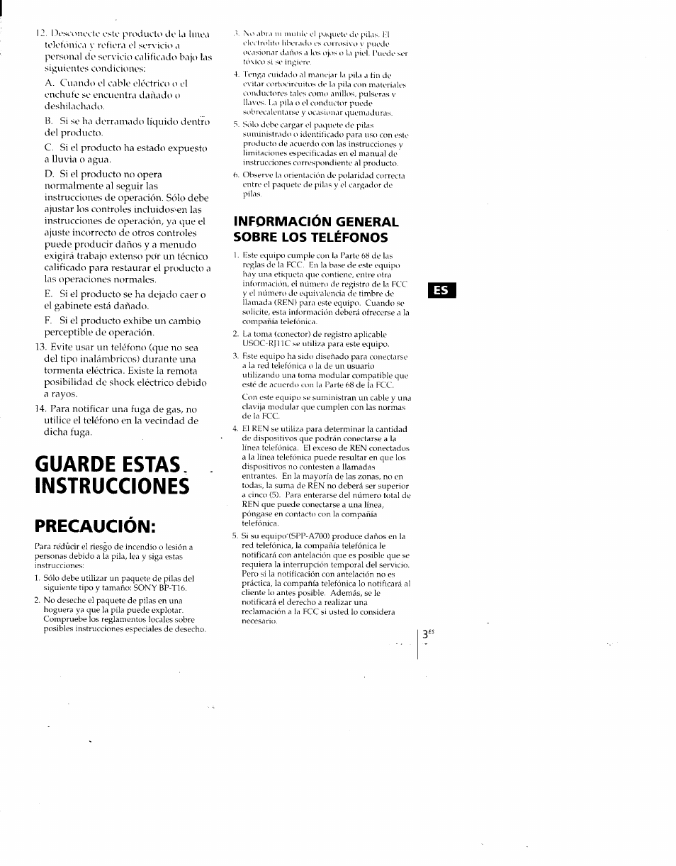 Información general sobre los teléfonos, Guarde estas. instrucciones, Precaucion | Sony SPP-A700 User Manual | Page 49 / 92