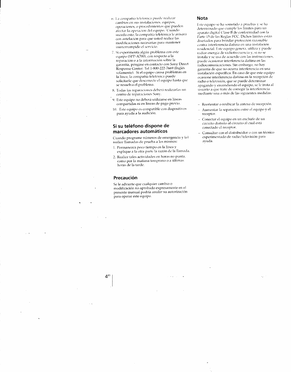 Si su teléfono dispone de marcadores automáticos, Nota, Precaución | Sony SPP-A700 User Manual | Page 50 / 92