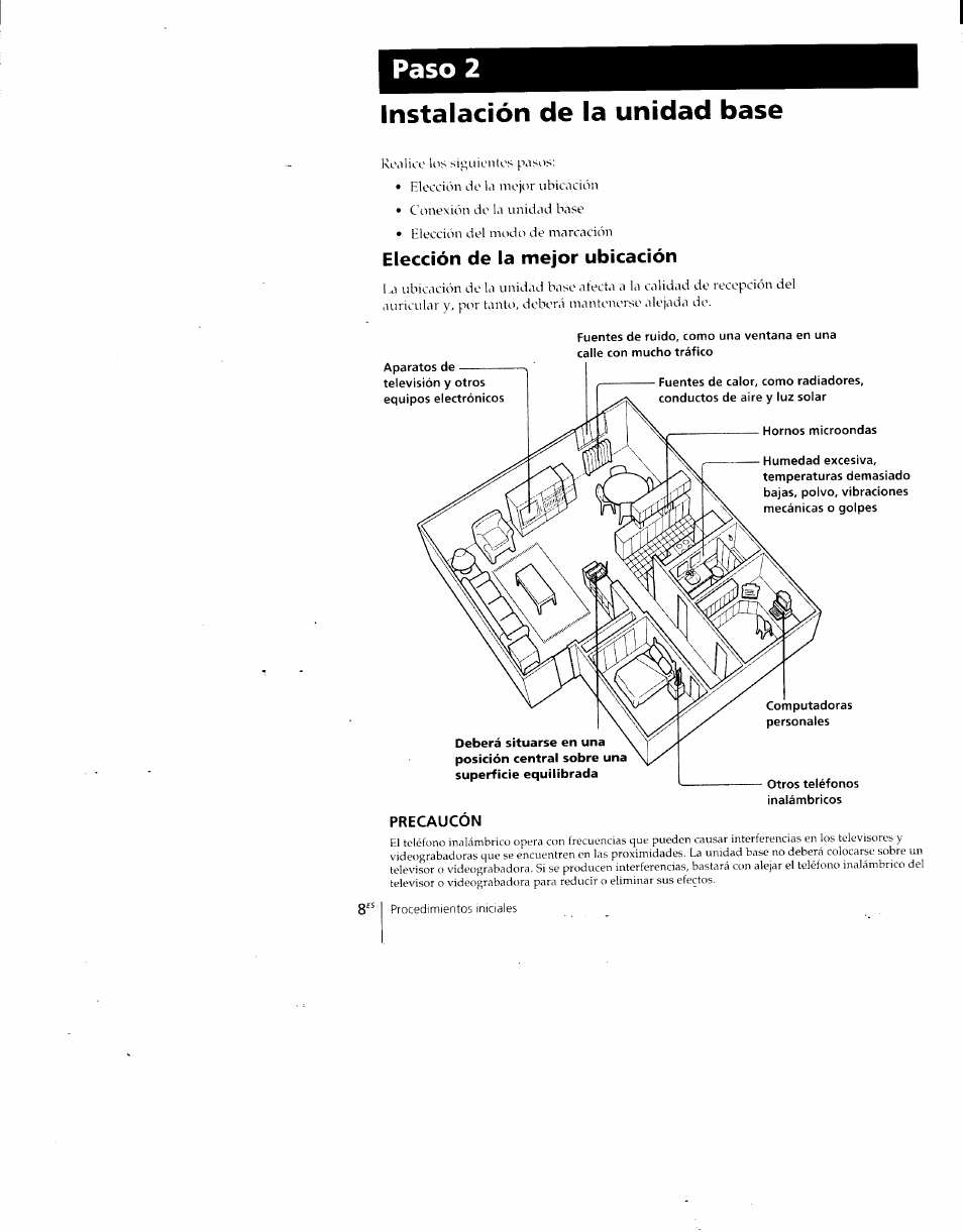 Instalación de la unidad base, Elección de la mejor ubicación, Paso 2 | Sony SPP-A700 User Manual | Page 54 / 92