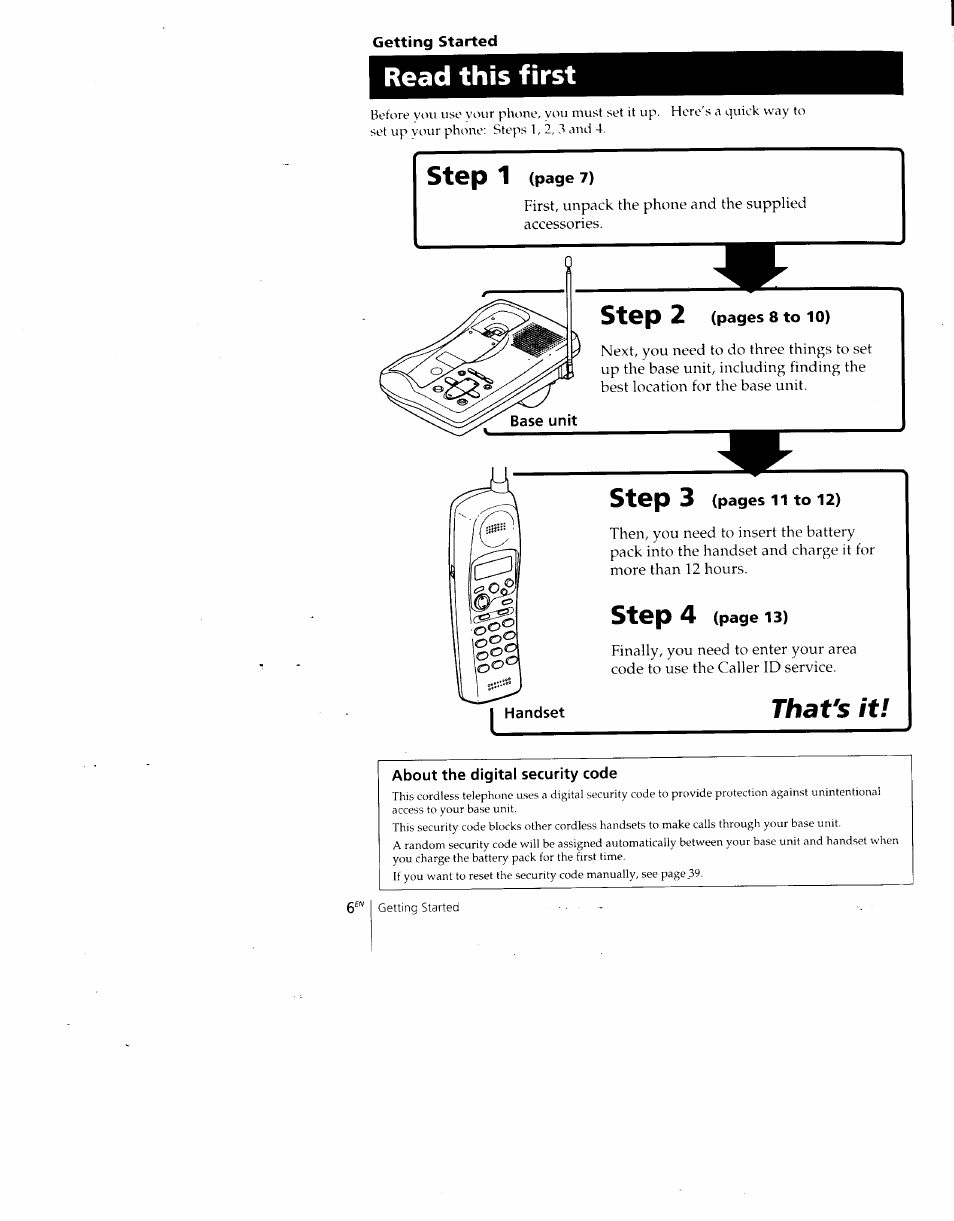Getting started, Read this first, About the digital security code | That's it, Step 1, Step 2, Step 3, Step 4 | Sony SPP-A700 User Manual | Page 6 / 92