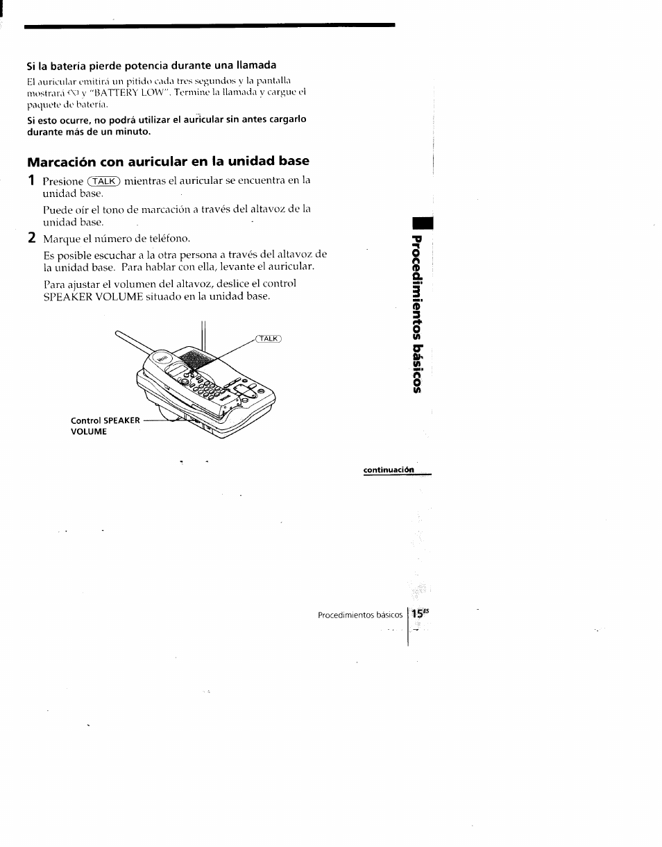 Sì la batería pierde potencia durante una llamada, Marcación con auricular en la unidad base, Marcación con auricular en la unidad base 1 | Sony SPP-A700 User Manual | Page 61 / 92