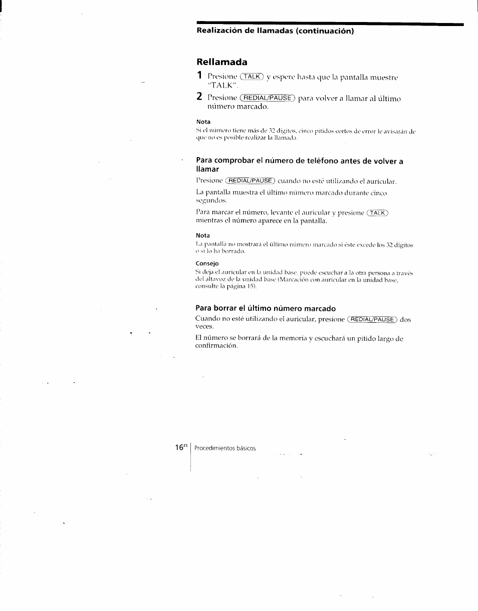 Rellamada, Nota, Consejo | Para borrar el último número marcado, Rellamada 1 | Sony SPP-A700 User Manual | Page 62 / 92