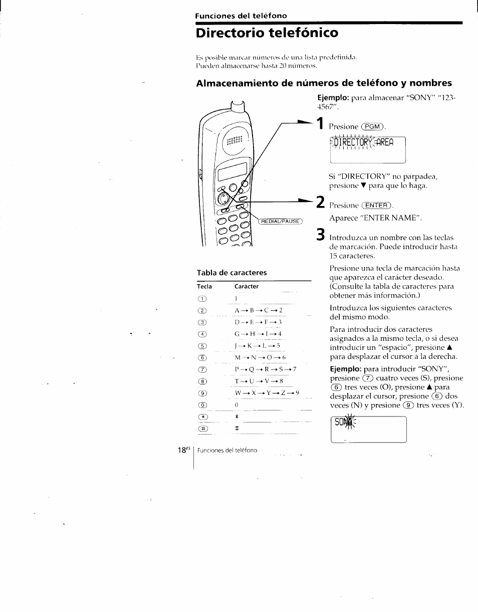 Directorio telefónico, Almacenamiento de números de teléfono y nombres, C()irect0ry:4refi | Sony SPP-A700 User Manual | Page 64 / 92