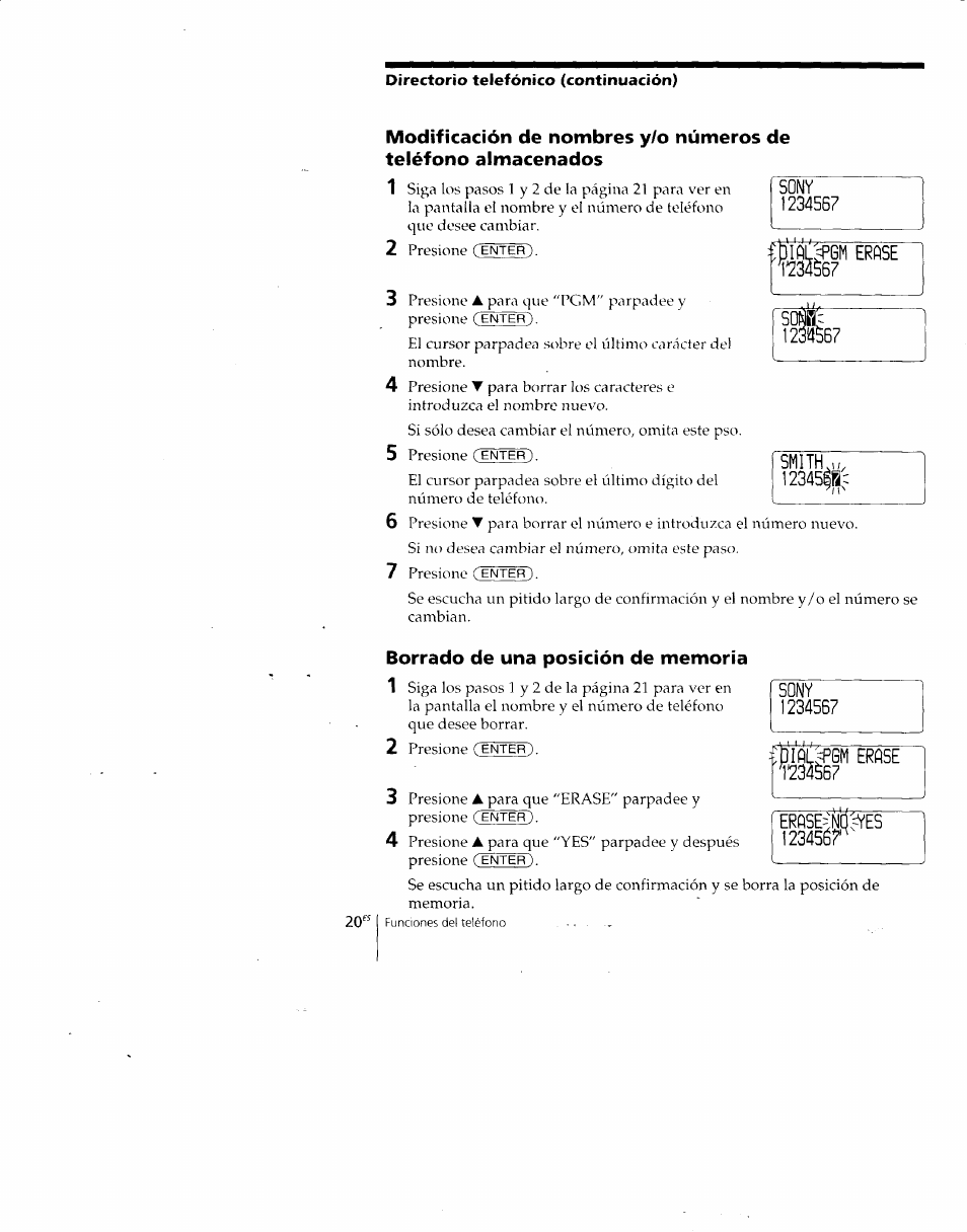 Directorio telefónico (continuación), Sony, Erftse | Borrado de una posición de memoria, Erfiseynq/yes, 12345é7, Fptptêrpœ | Sony SPP-A700 User Manual | Page 66 / 92