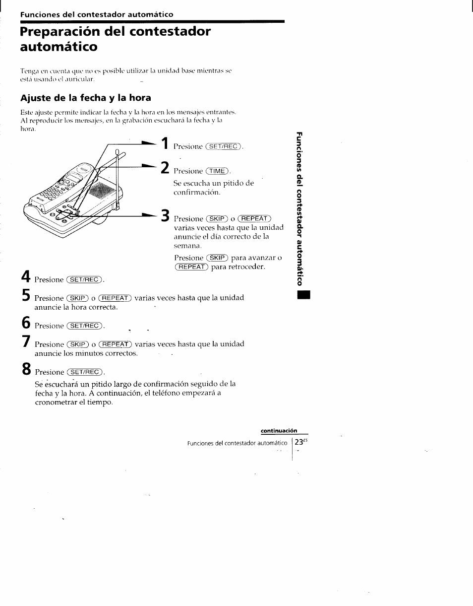 Preparación del contestador automático, Ajuste de la fecha y la hora | Sony SPP-A700 User Manual | Page 69 / 92