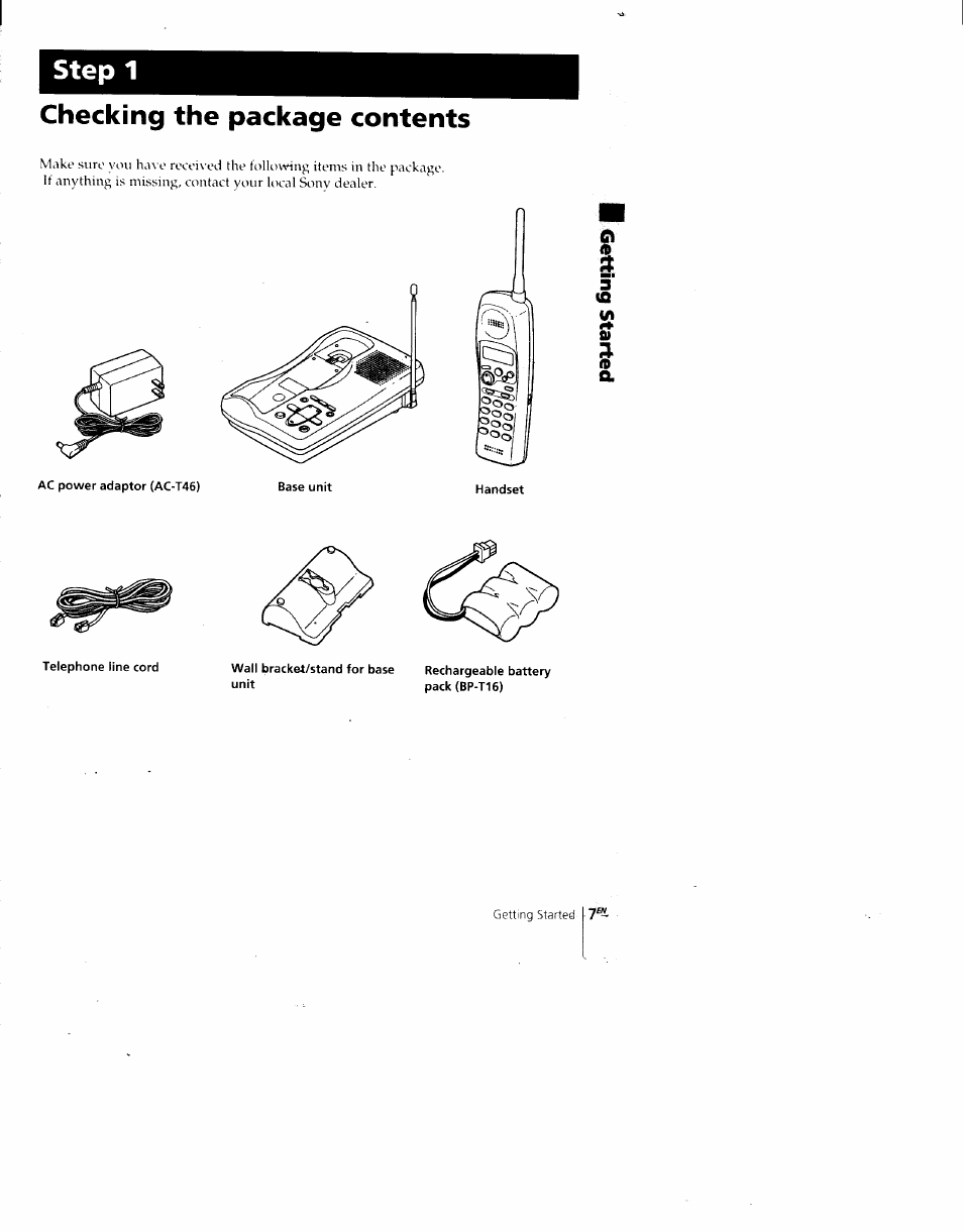 Checking the package contents, Handset, Telephone line cord | Pack (bp-t16), Step 1 | Sony SPP-A700 User Manual | Page 7 / 92
