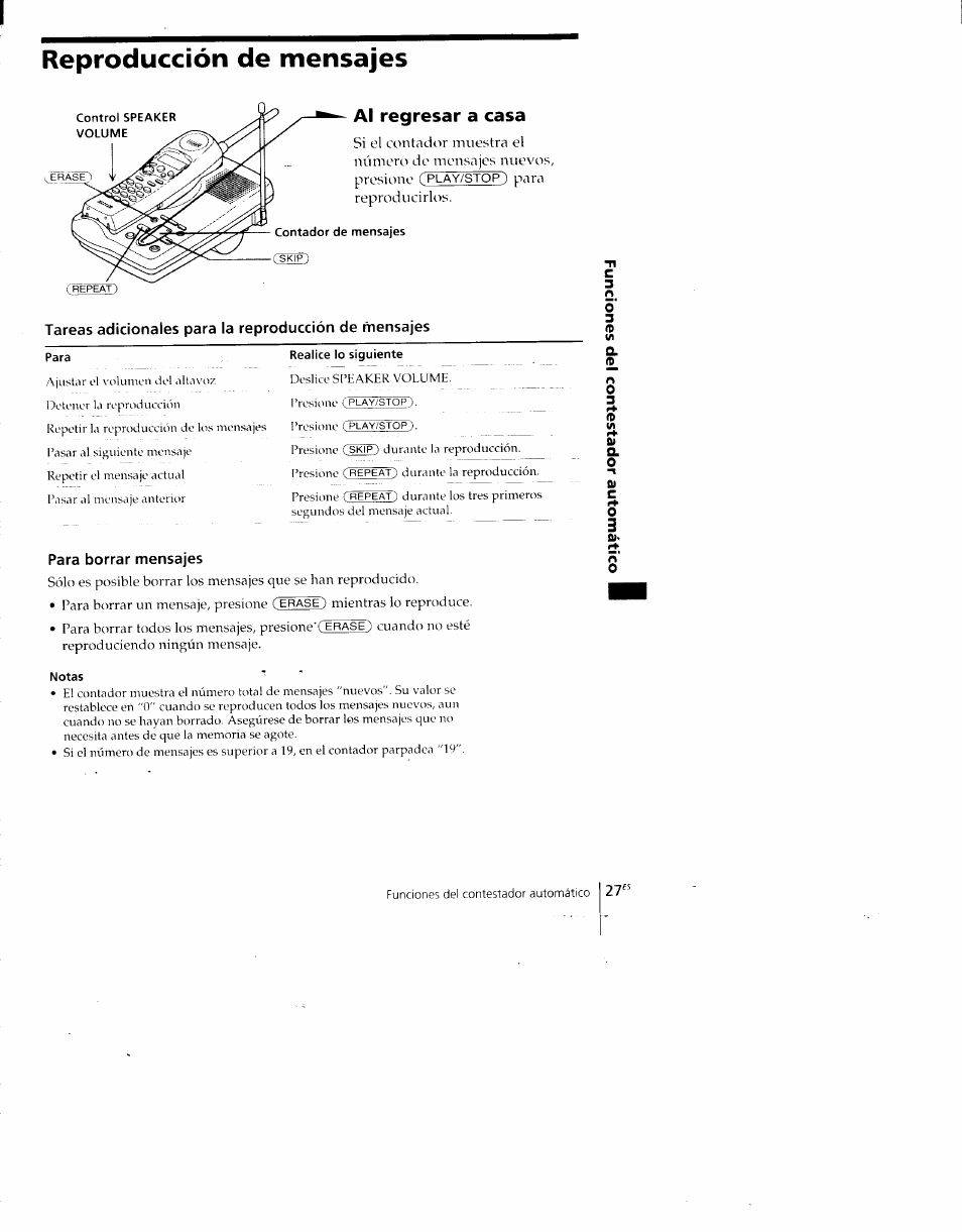 Reproducción de mensajes, Control speaker volume, Al regresar a casa | Para, Realice lo siguiente, Para borrar mensajes, Notas | Sony SPP-A700 User Manual | Page 73 / 92
