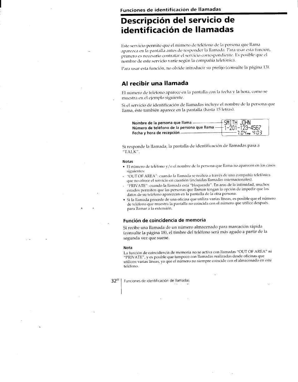 Al recibir una llamada, Nombre de la persona que llama, Notas | Función de coincidencia de memoria, Nota | Sony SPP-A700 User Manual | Page 78 / 92