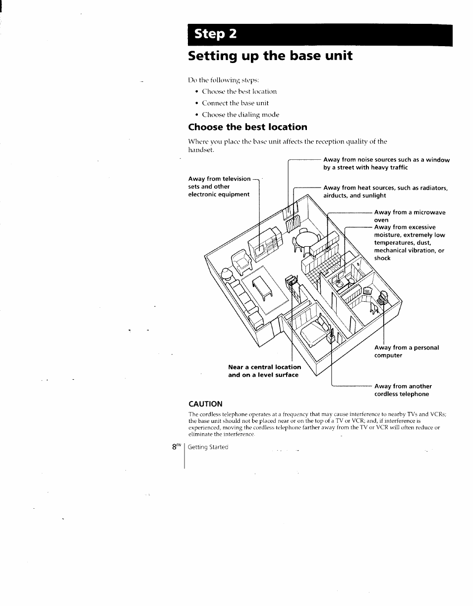 Setting up the base unit, Choose the best location, Away from a microwave oven | Step 2 | Sony SPP-A700 User Manual | Page 8 / 92