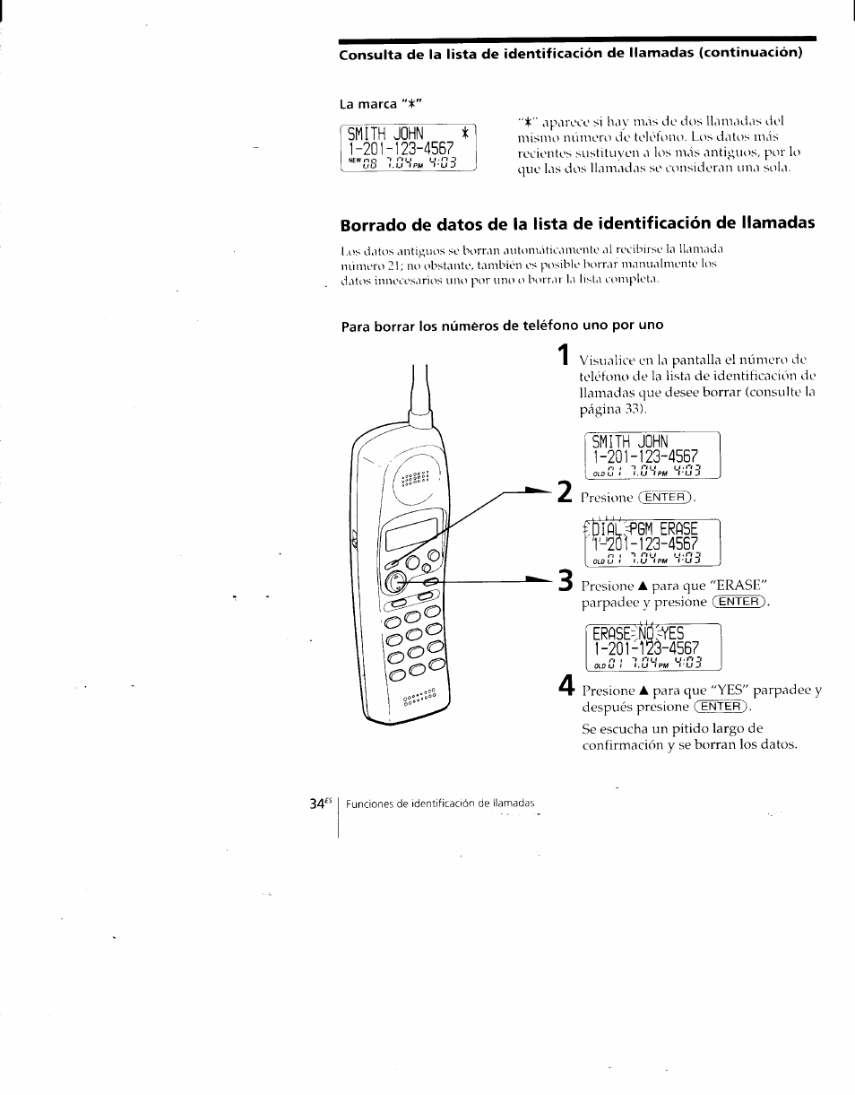 La marca, Para borrar los núméros de teléfono uno por uno, Smith john 1-201-123-4567 | R-'20i-123-4567, Erpsec, Á-4567 | Sony SPP-A700 User Manual | Page 80 / 92
