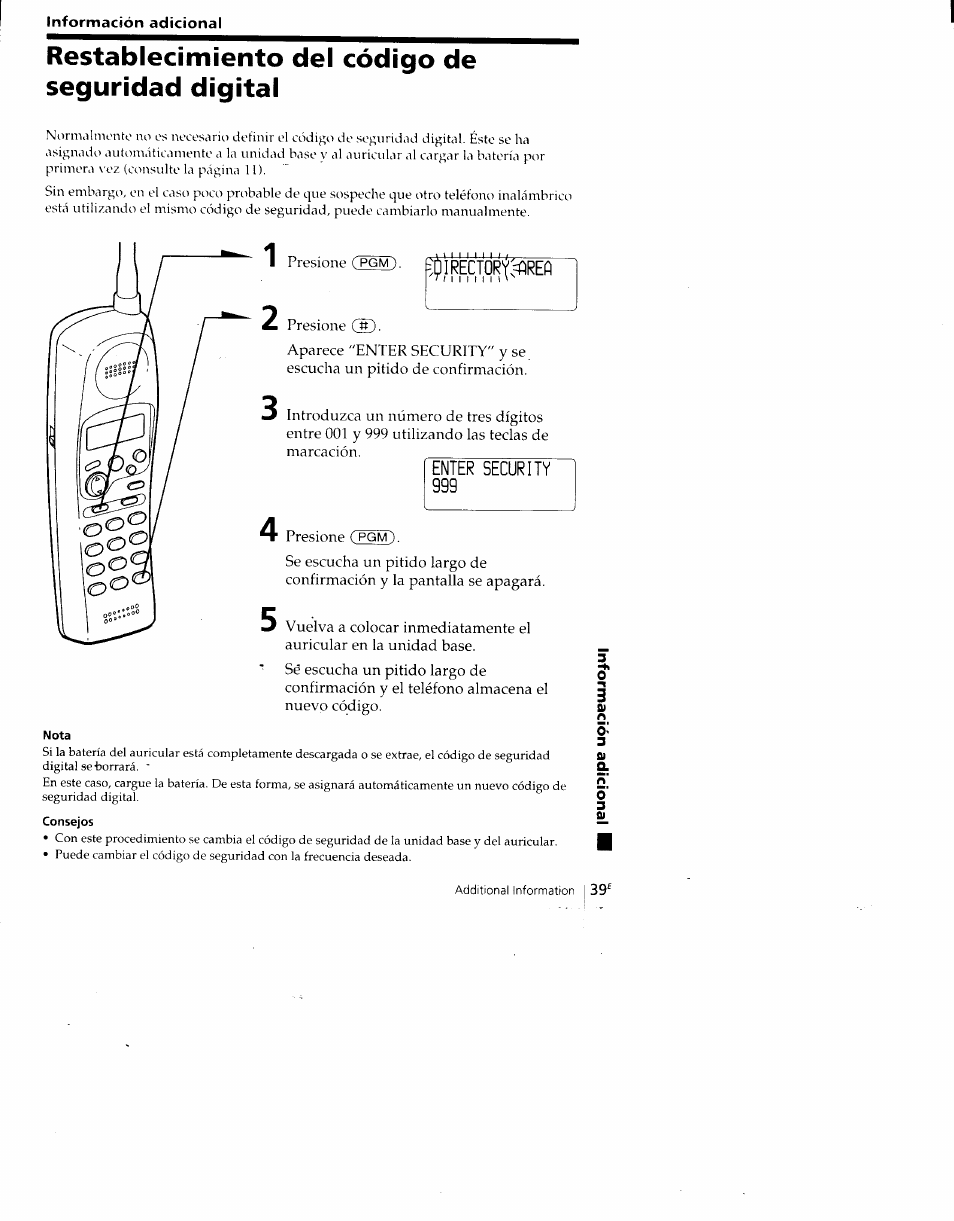 Restablecimiento del código de seguridad digital, Nota, Consejos | Sony SPP-A700 User Manual | Page 85 / 92