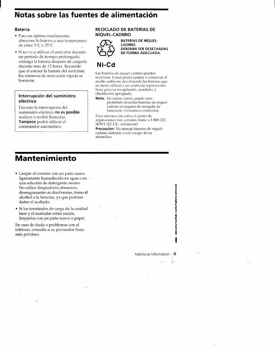 Notas sobre las fuentes de alimentación, Batería, Reciclado de baterias de níquel-cadmio | Baterías de níquel- cadmio, Mantenimiento, 7~x a), Ni-cd | Sony SPP-A700 User Manual | Page 87 / 92