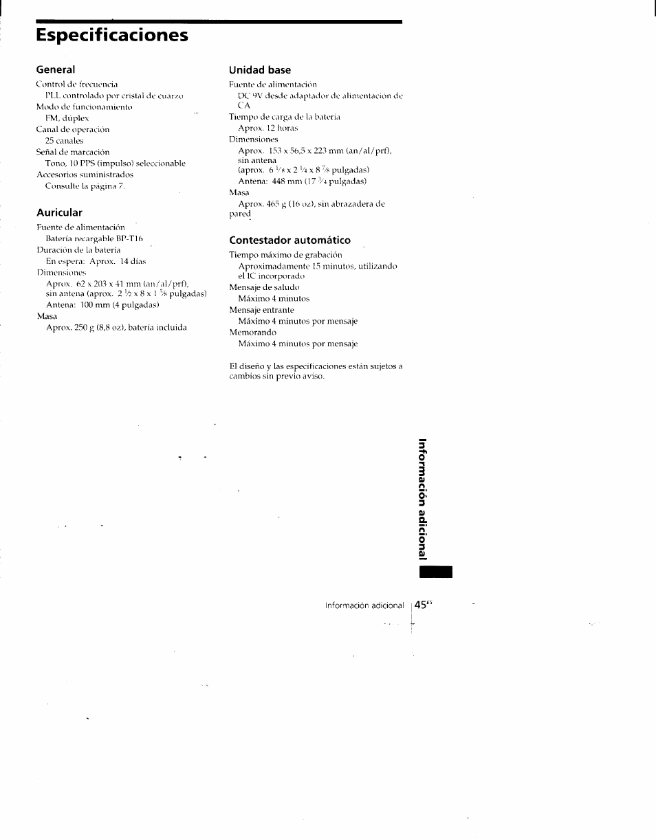 Especificaciones, General, Auricular | Unidad base, Contestador automático | Sony SPP-A700 User Manual | Page 91 / 92