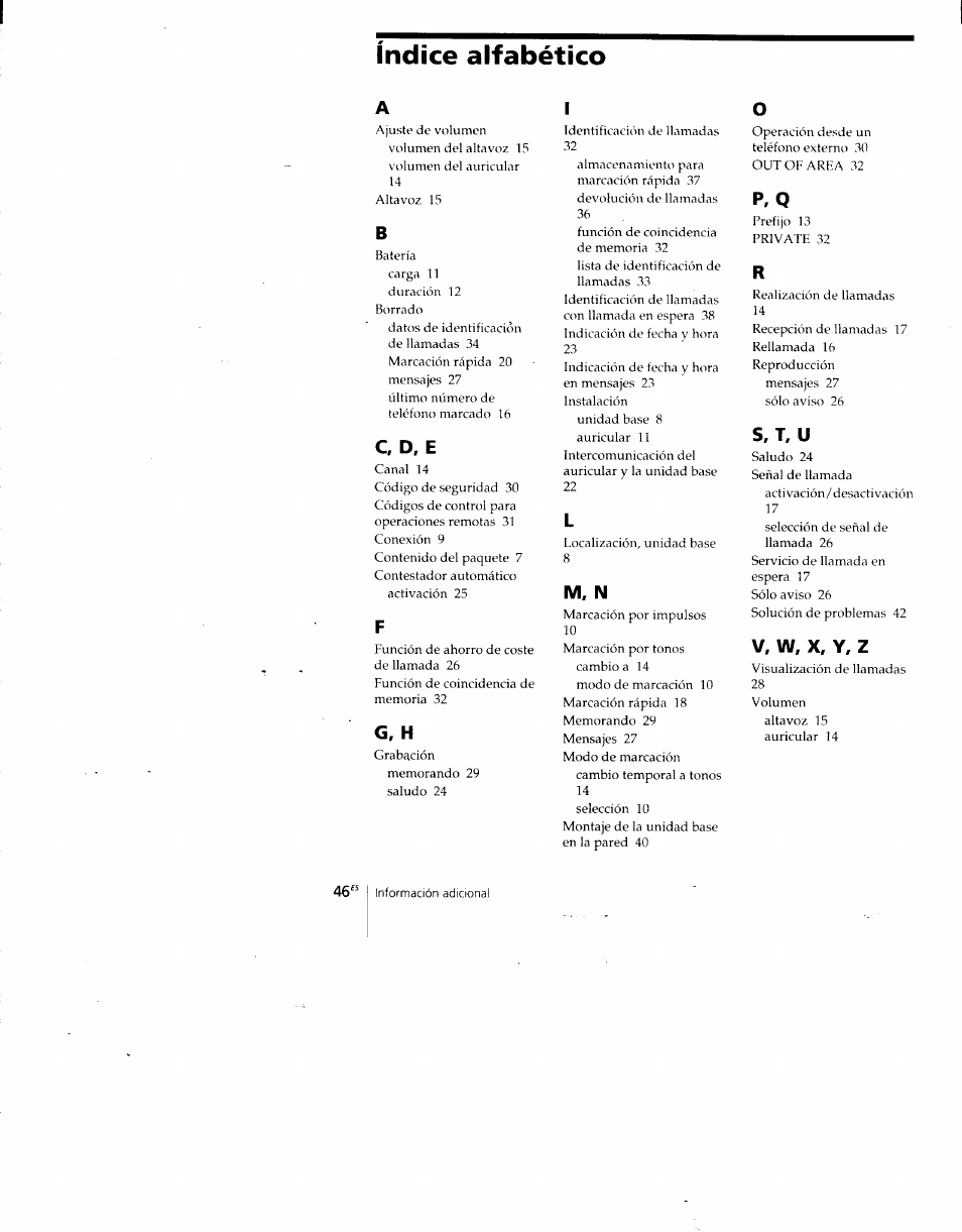 Indice alfabético, C, d, e, G, h | M, n, V, w, x, y, z, S, t. u, P, q | Sony SPP-A700 User Manual | Page 92 / 92