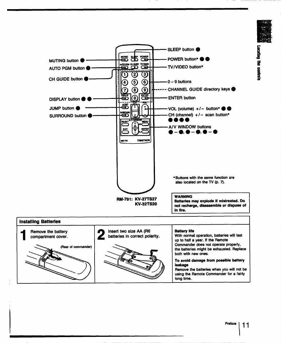 Installing batteries | Sony KV-32TS35 User Manual | Page 11 / 48