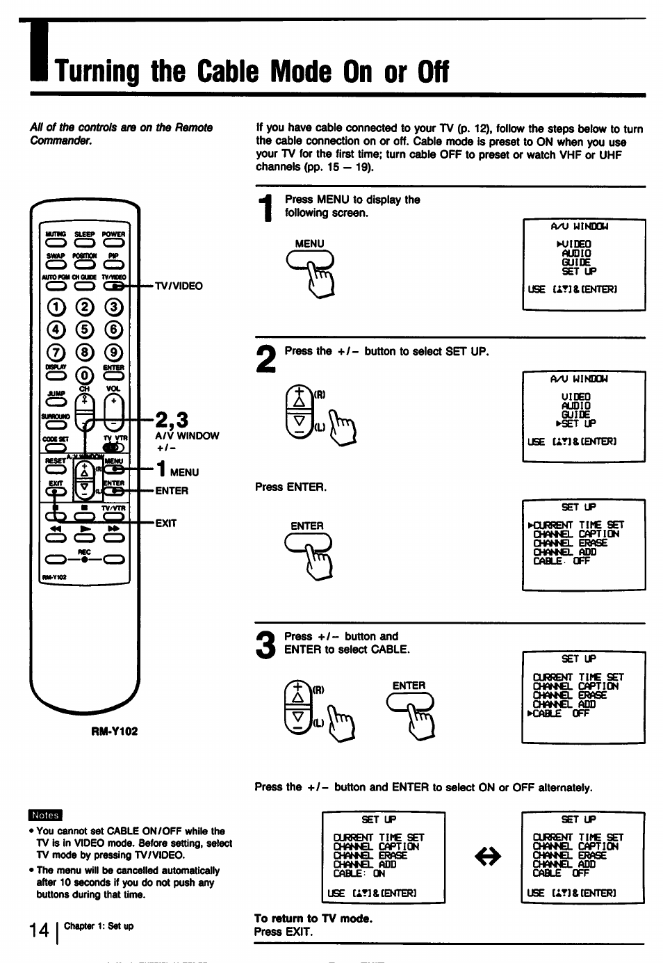 Turning the cable mode on or off | Sony KV-32TS35 User Manual | Page 14 / 48