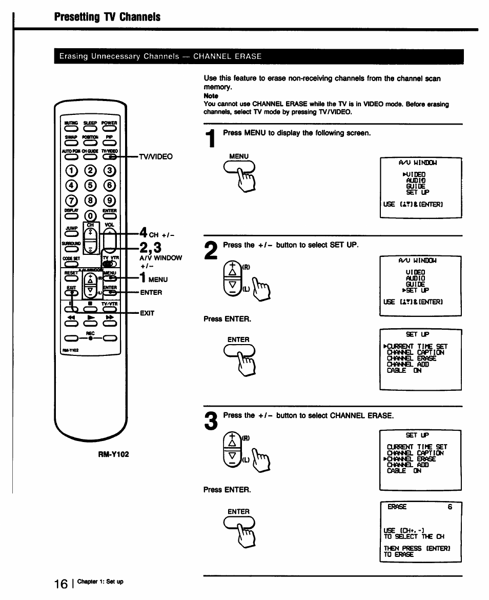 Presetting tv channels, Press menu to display the following screen, Press the +1- button to select set up | Press the button to select channel erase, Press enter | Sony KV-32TS35 User Manual | Page 16 / 48