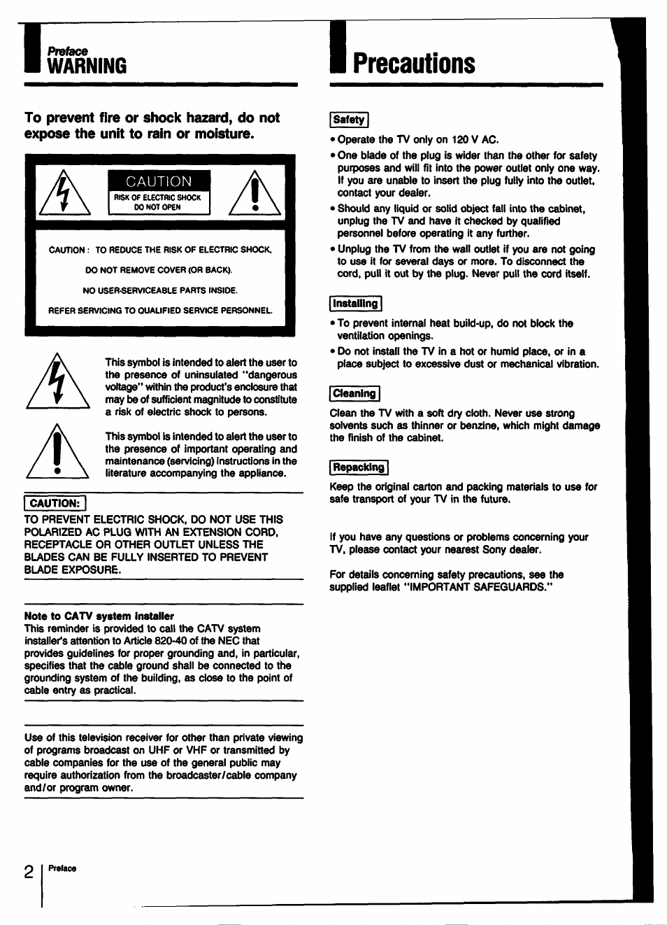 Precautions, Caution, I installing | Warning | Sony KV-32TS35 User Manual | Page 2 / 48