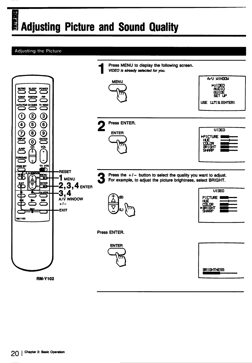 Adjusting picture and sound quaiity, Adjusting picture and sound quality | Sony KV-32TS35 User Manual | Page 20 / 48