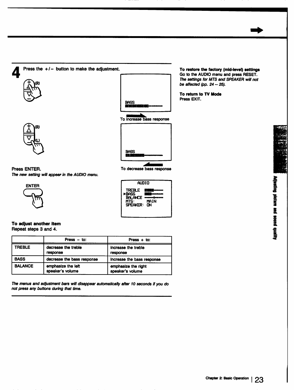 Press enter, To adjust another item, Repeat steps 3 and 4 | Sony KV-32TS35 User Manual | Page 23 / 48
