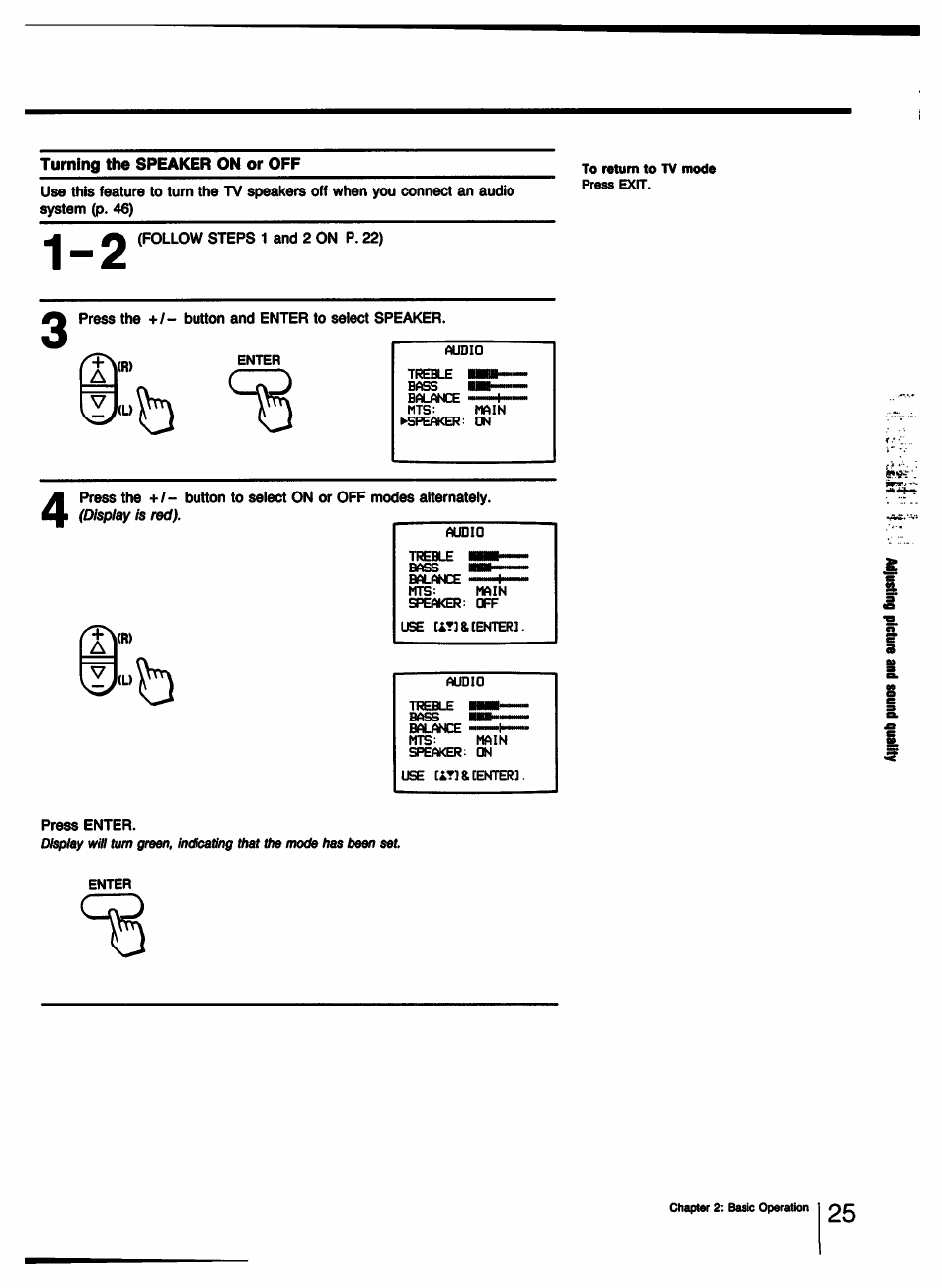 Turning the speaker on or off, Follow steps 1 and 2 on p. 22), Press the ■(■/- button and enter to select speaker | Press enter, M' cd | Sony KV-32TS35 User Manual | Page 25 / 48