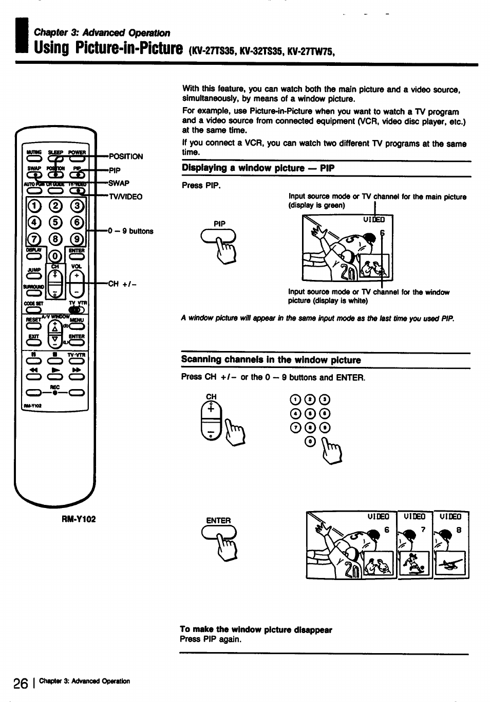 Scanning channels in the window picture, To make the window picture disappear, Using picture-in-picture | Sony KV-32TS35 User Manual | Page 26 / 48