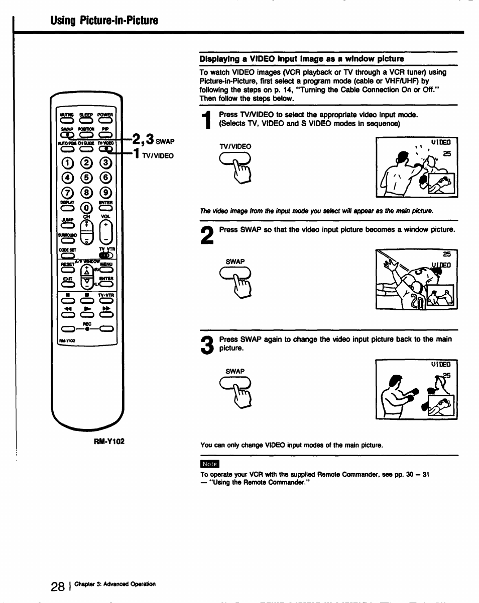 Using picture-in-picture, Displaying a video input image as a window picture | Sony KV-32TS35 User Manual | Page 28 / 48
