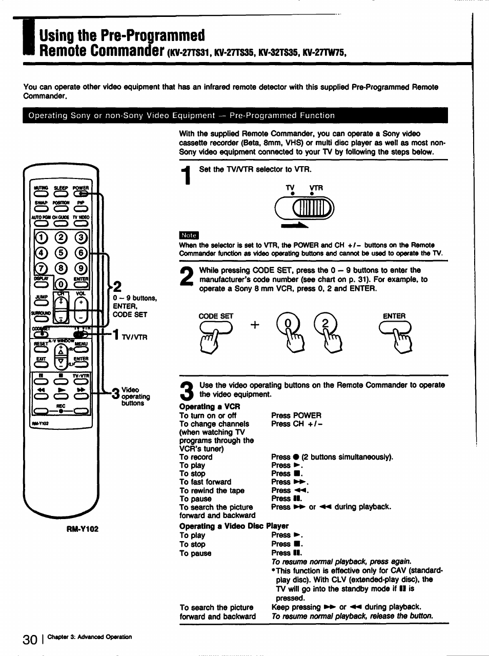 Using the pre-programmed remote commander | Sony KV-32TS35 User Manual | Page 30 / 48