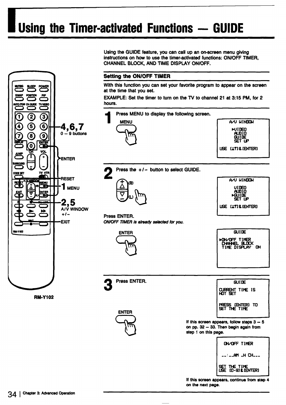 Setting the on/off timer, Using the timer-activated functions — guide | Sony KV-32TS35 User Manual | Page 34 / 48