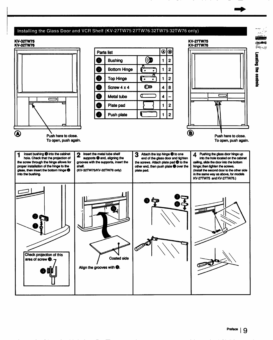 Push here to dose. to open, push again, Check projection of this area of screw o, Coated side | Align the grooves with o | Sony KV-32TS35 User Manual | Page 9 / 48