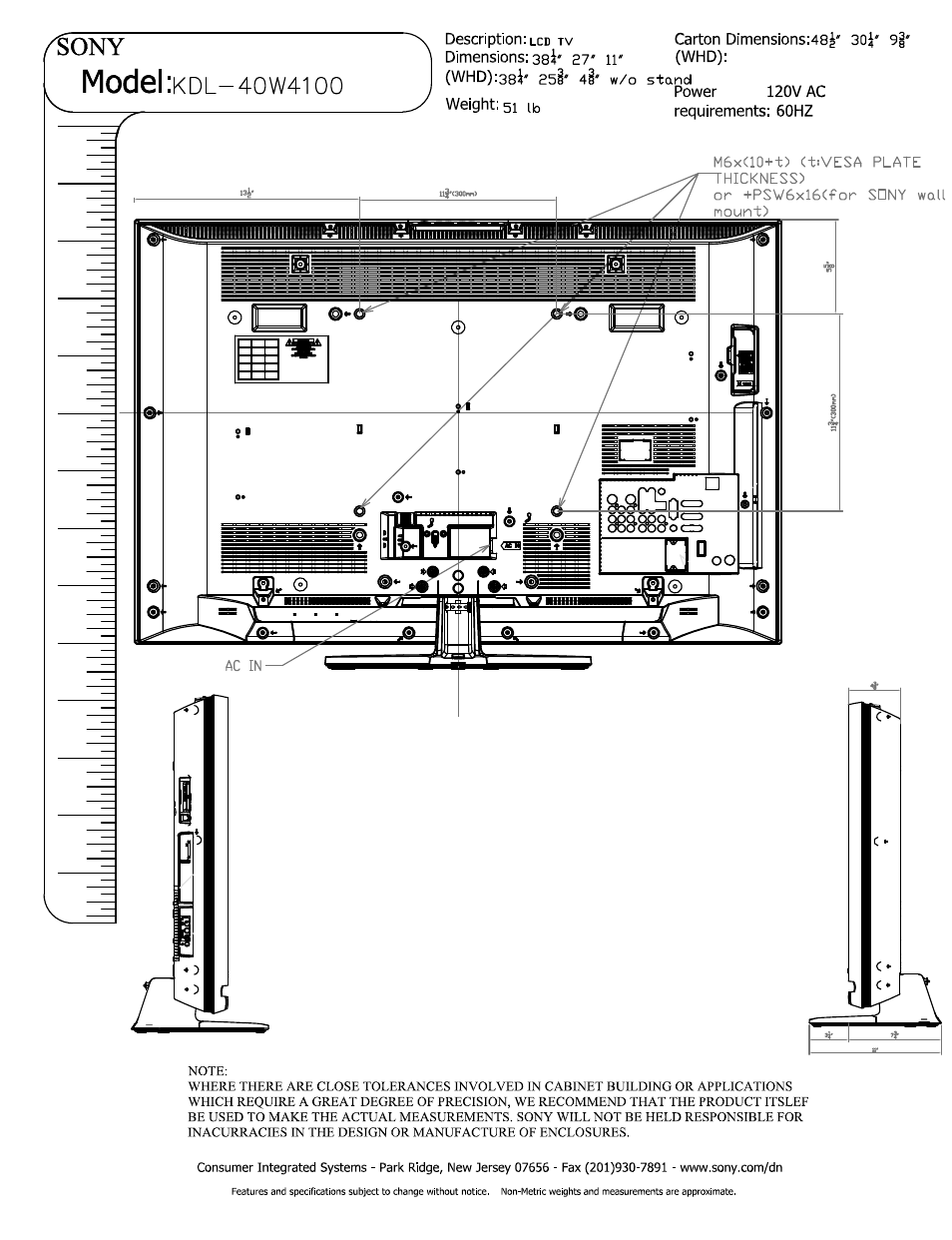 M6xa0+t) (tivesa plate hickness), Or +psw6xl6(for sony wall mount), Model | Sony KDL-40W4100 User Manual | Page 2 / 3