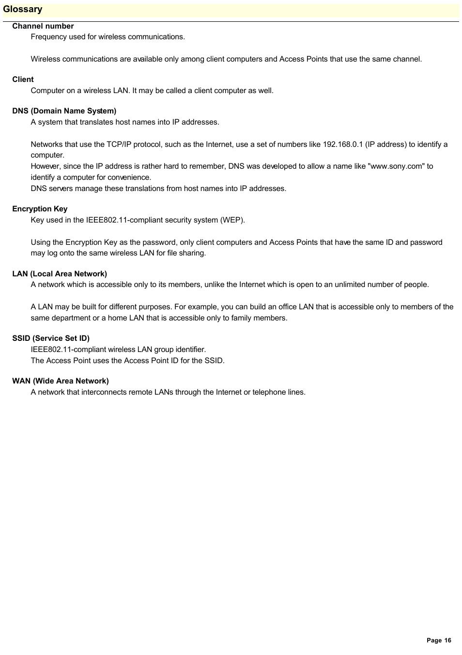 Glossary | Sony PCWA-A100 User Manual | Page 16 / 17