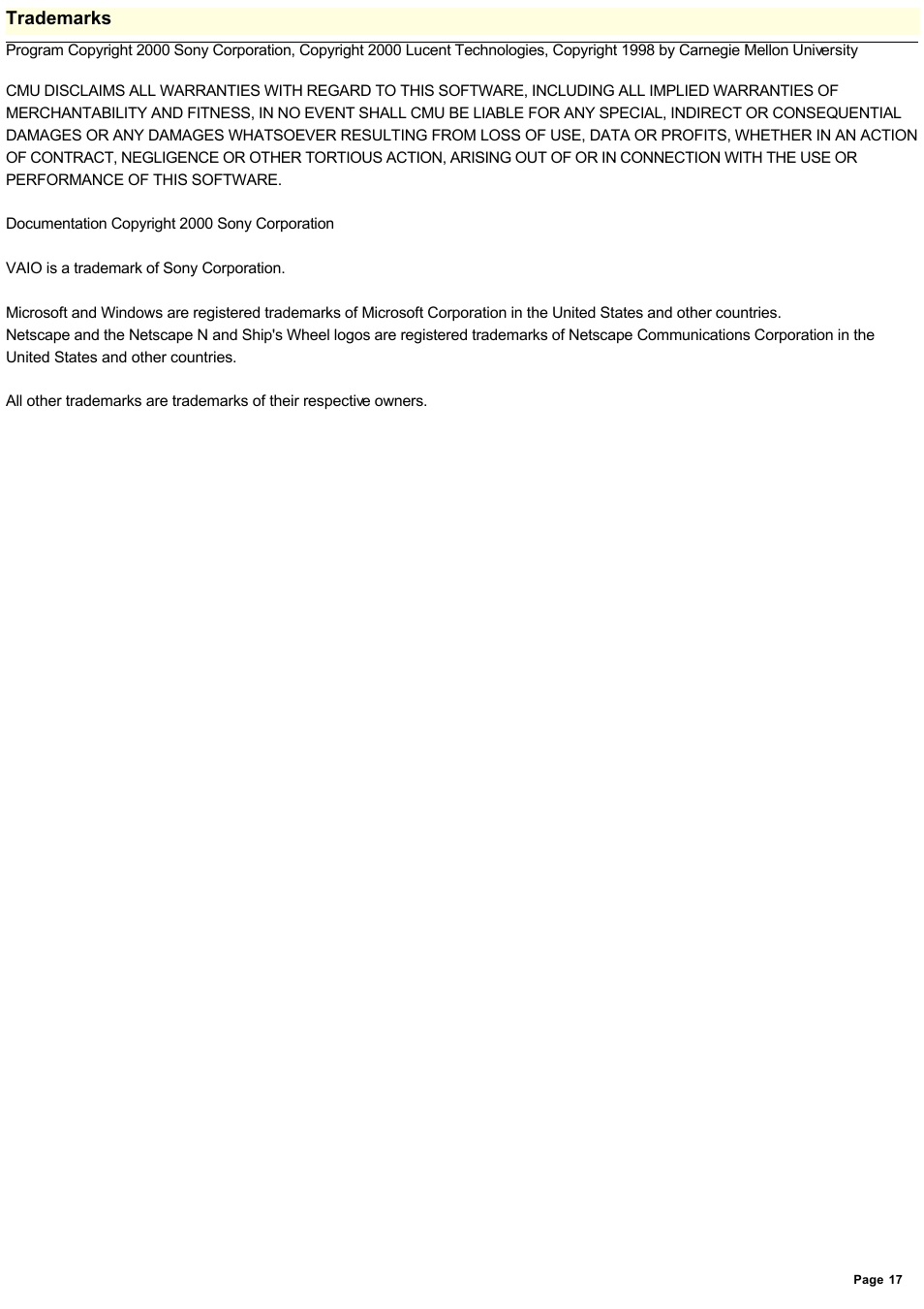 Trademarks | Sony PCWA-A100 User Manual | Page 17 / 17