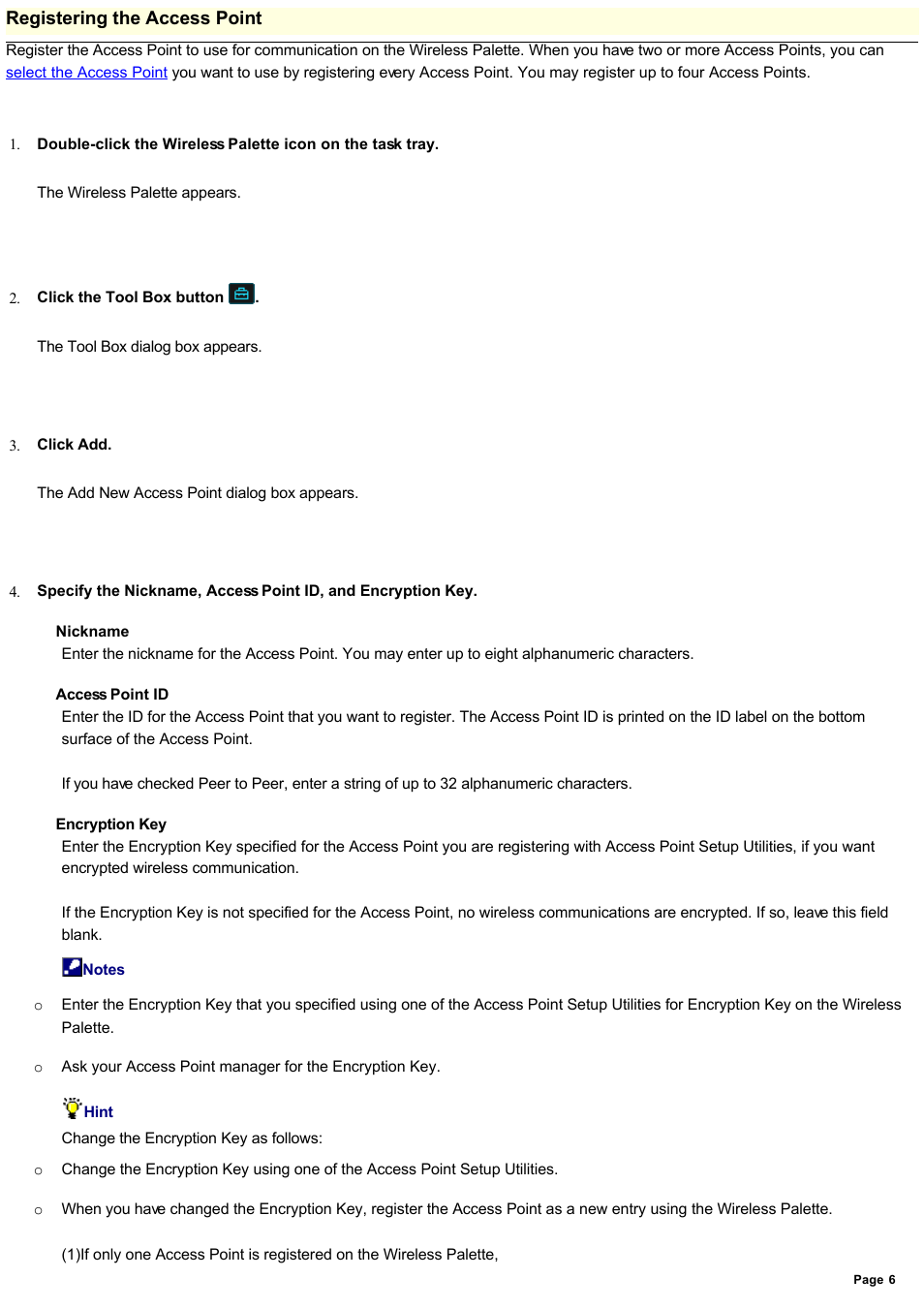 Registering the access point | Sony PCWA-A100 User Manual | Page 6 / 17