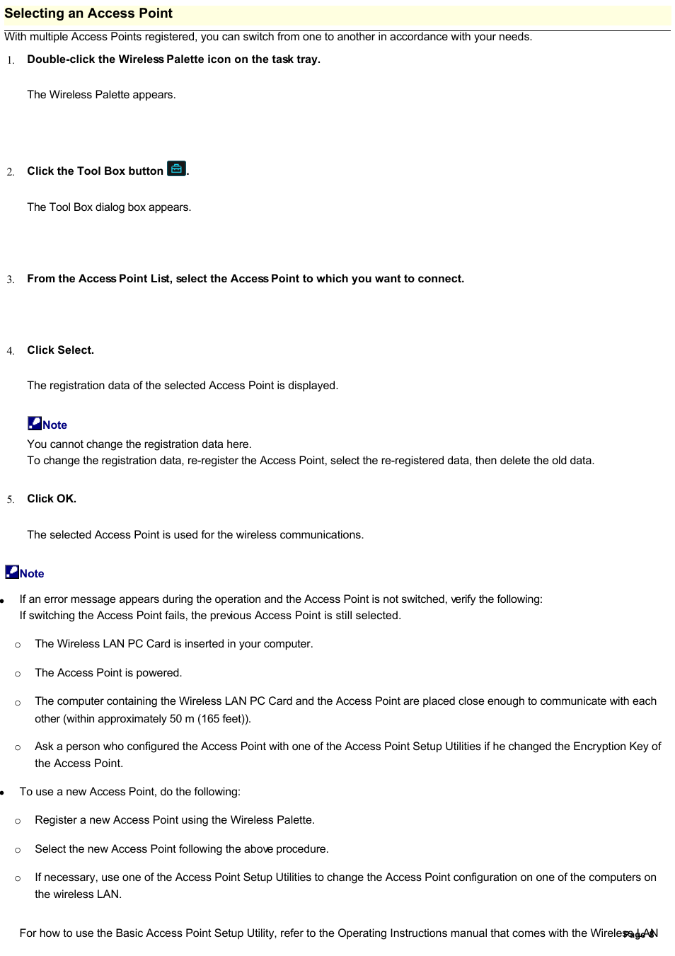 Selecting an access point | Sony PCWA-A100 User Manual | Page 8 / 17