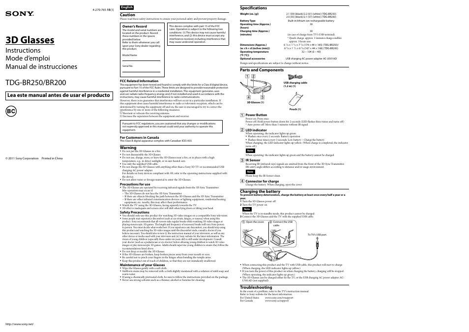 Sony TDG-BR250 User Manual | 2 pages