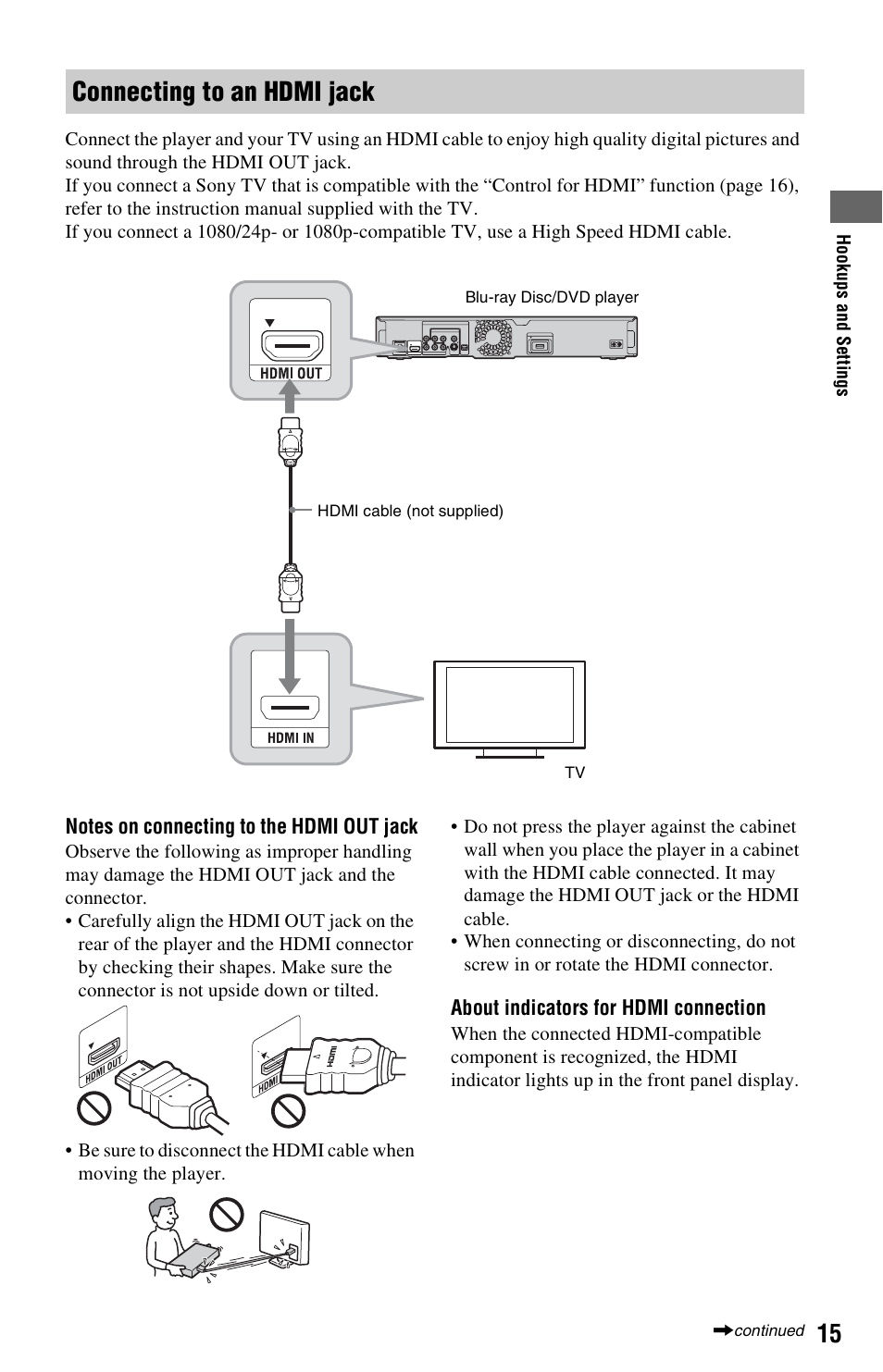 Connecting to an hdmi jack | Sony BDP-S560 User Manual | Page 15 / 87