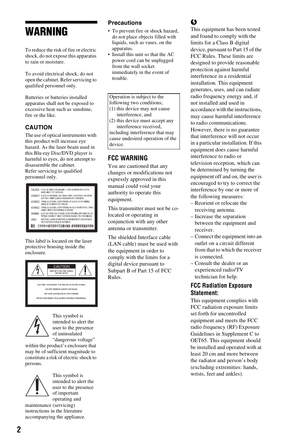 Warning | Sony BDP-S560 User Manual | Page 2 / 87