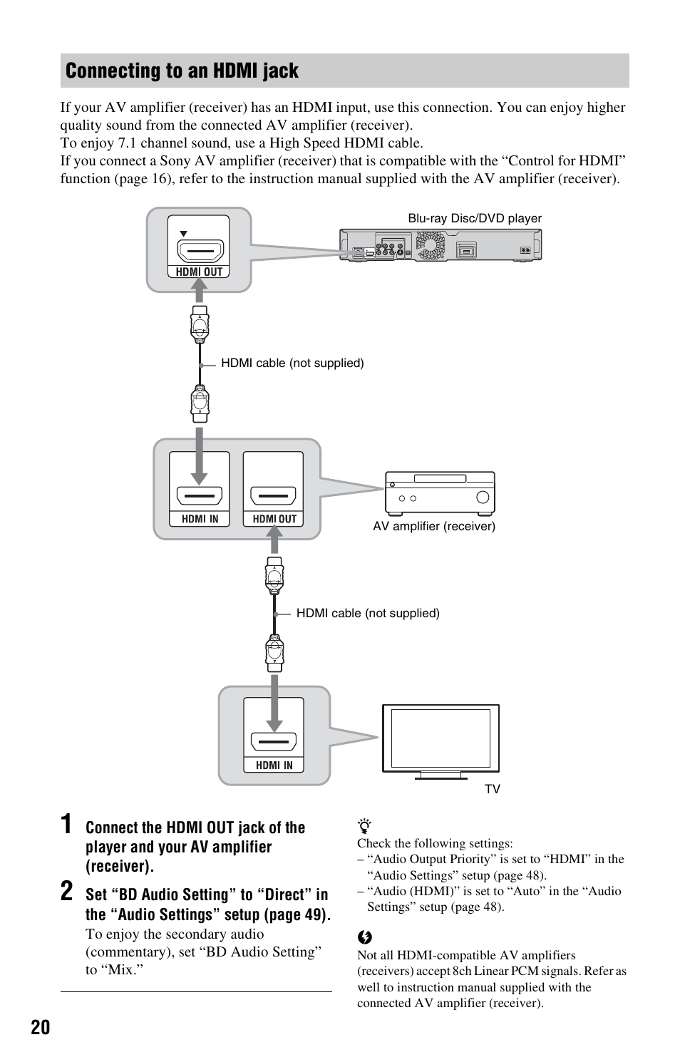 Connecting to an hdmi jack | Sony BDP-S560 User Manual | Page 20 / 87