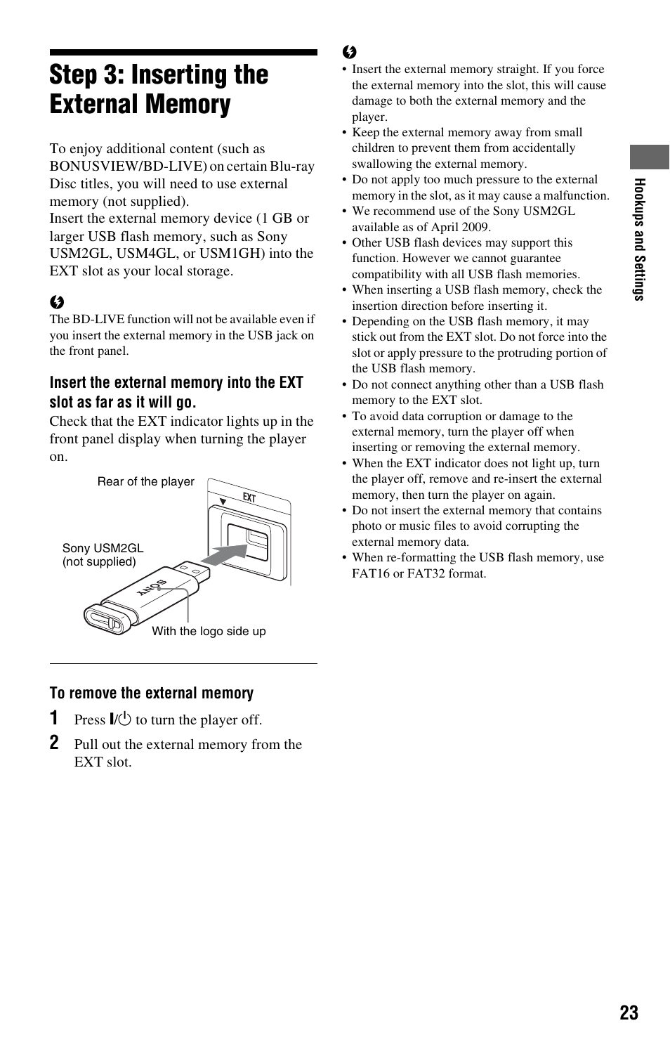 Step 3: inserting the external memory | Sony BDP-S560 User Manual | Page 23 / 87