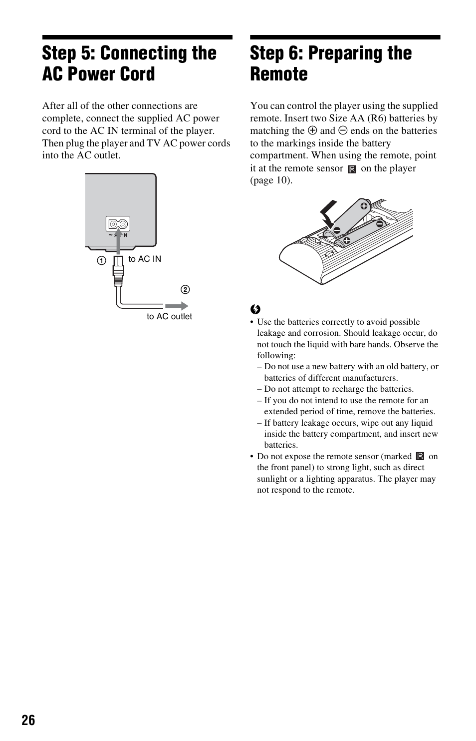 Step 5: connecting the ac power cord, Step 6: preparing the remote | Sony BDP-S560 User Manual | Page 26 / 87