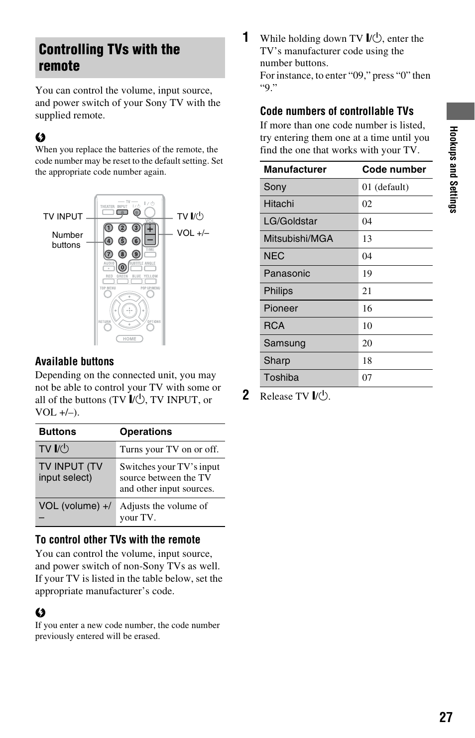 Controlling tvs with the remote | Sony BDP-S560 User Manual | Page 27 / 87