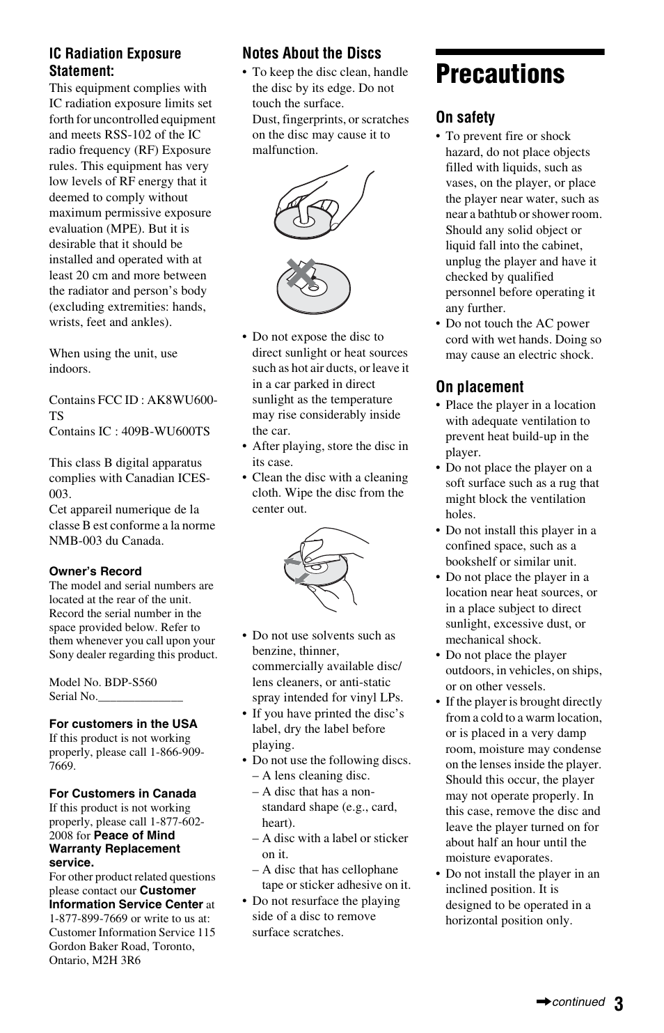 Precautions | Sony BDP-S560 User Manual | Page 3 / 87