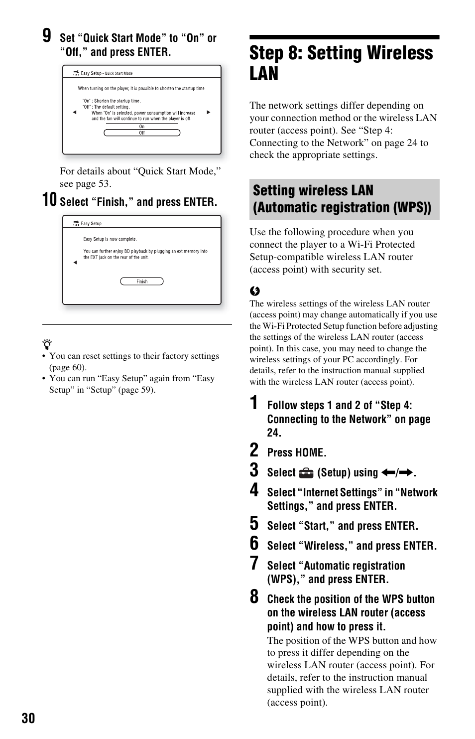 Step 8: setting wireless lan | Sony BDP-S560 User Manual | Page 30 / 87