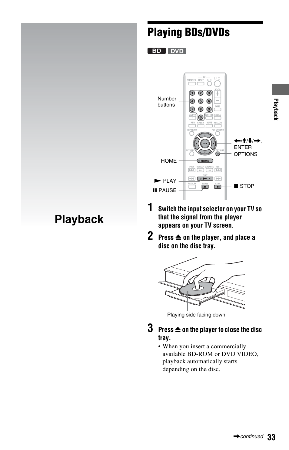 Playback, Playing bds/dvds, Playback playing bds/dvds 1 | Sony BDP-S560 User Manual | Page 33 / 87