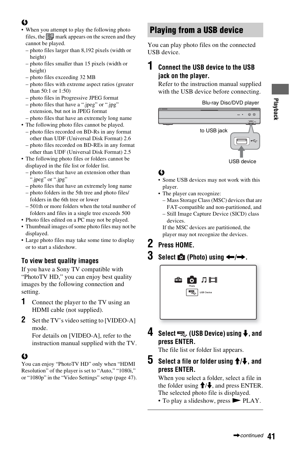 Playing from a usb device | Sony BDP-S560 User Manual | Page 41 / 87