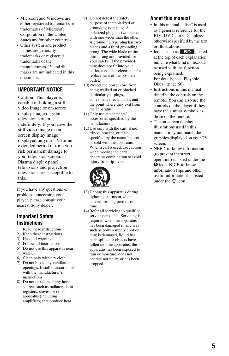 Important safety instructions, About this manual, Important notice | Sony BDP-S560 User Manual | Page 5 / 87