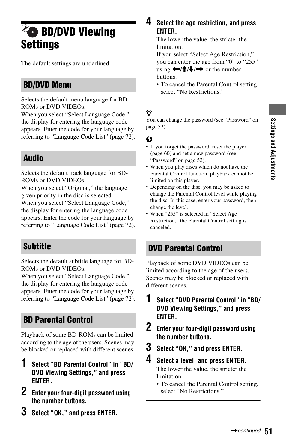 Bd/dvd viewing settings | Sony BDP-S560 User Manual | Page 51 / 87