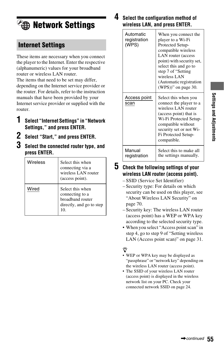 Network settings, Ee “network settings” on pa, E “internet settings” o | Network settings” o, Ee “network settings, Internet settings | Sony BDP-S560 User Manual | Page 55 / 87
